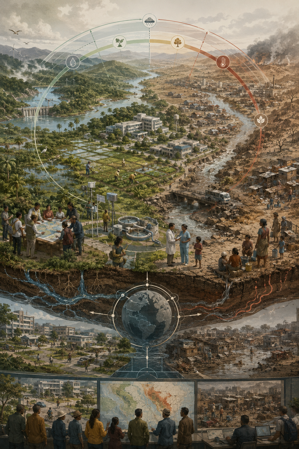 Editorial sustainability illustration showing ecological overshoot, planetary-boundary pressure, unequal development vulnerability, water and food systems, infrastructure stress, and adaptation planning across a divided landscape.
