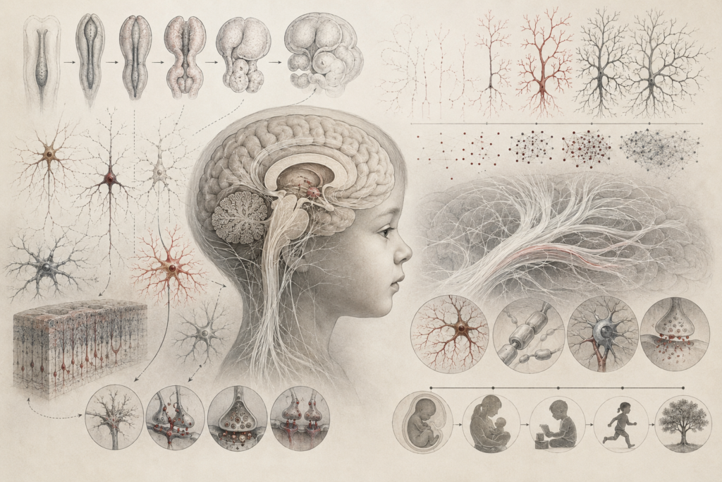 Research-grade illustration of brain development showing a child’s profile with transparent brain anatomy, embryonic neural stages, branching neurons, synaptic connections, and developmental patterns of neural plasticity.