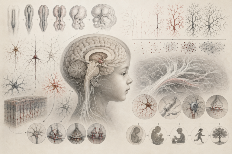 Research-grade illustration of brain development showing a child’s profile with transparent brain anatomy, embryonic neural stages, branching neurons, synaptic connections, and developmental patterns of neural plasticity.