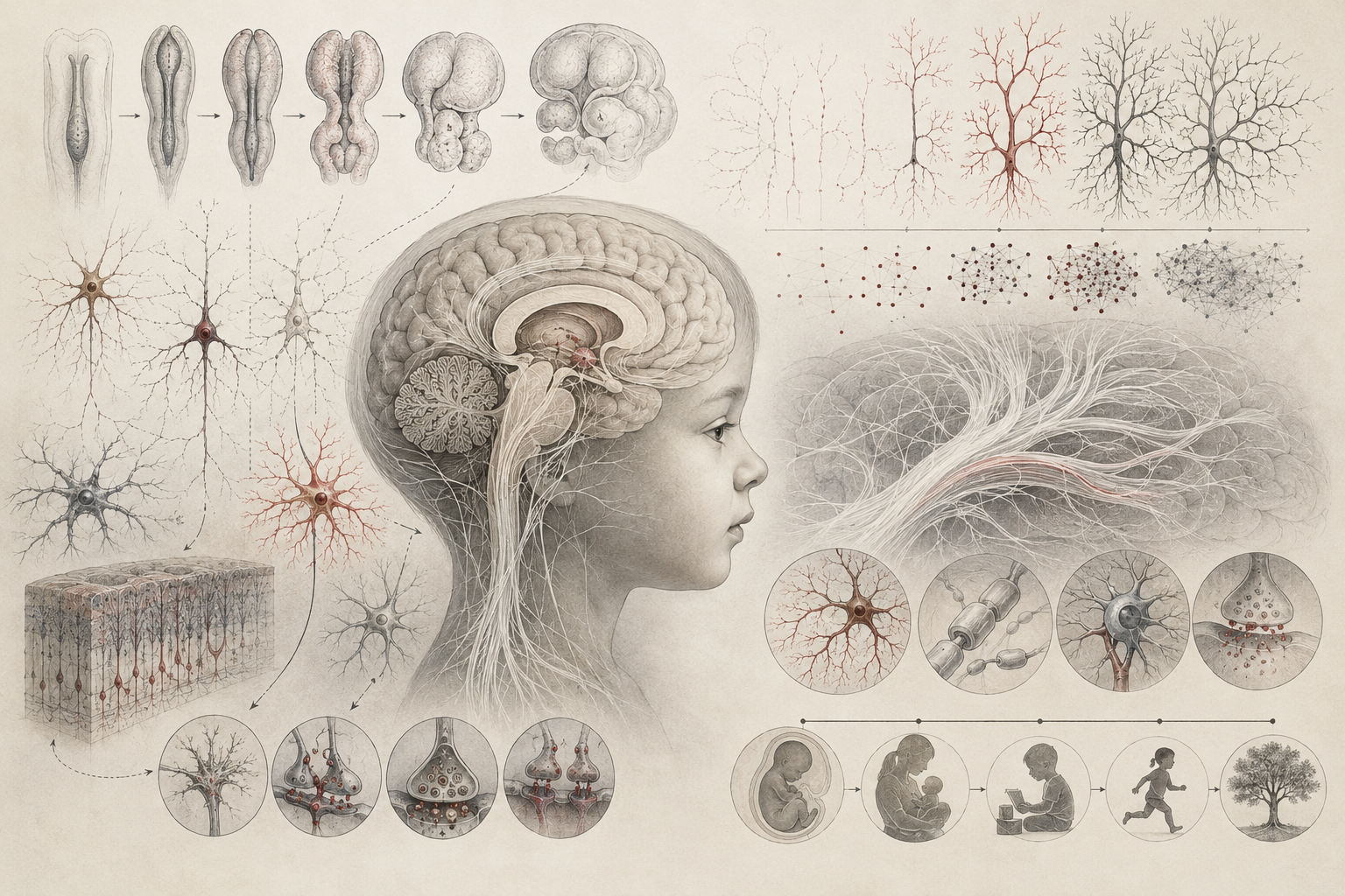 Research-grade illustration of brain development showing a child’s profile with transparent brain anatomy, embryonic neural stages, branching neurons, synaptic connections, and developmental patterns of neural plasticity.