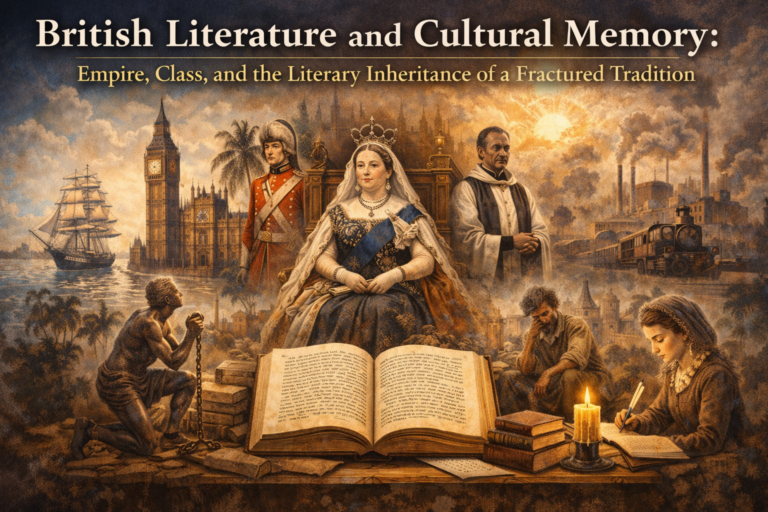 A composite illustration of British cultural memory featuring imperial and industrial imagery, a seated queen, a soldier, working figures, Parliament, ships, factories, books, and a writing woman, representing empire, class, and literary inheritance.