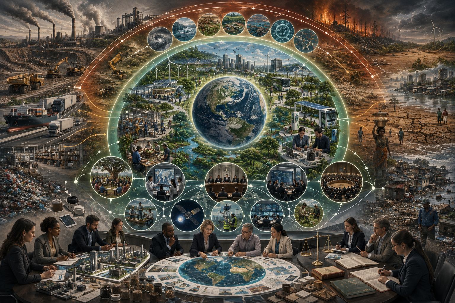 Editorial illustration showing business strategy within planetary boundaries, with Earth-system limits, supply-chain risk, corporate governance, capital allocation, innovation, and ecological overshoot.
