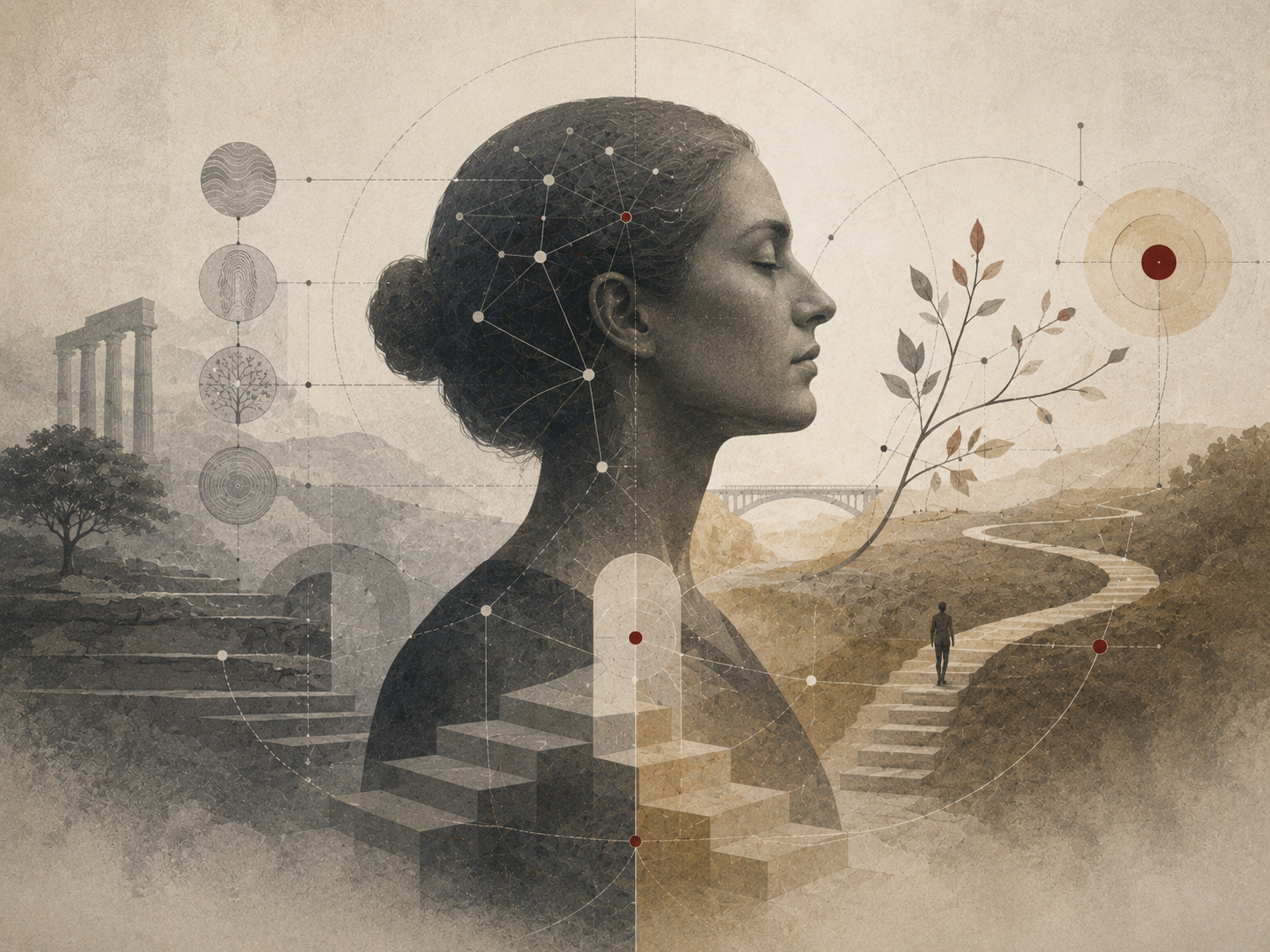 Restrained institutional illustration of a contemplative human profile surrounded by pathways, steps, branching growth, and measurement diagrams representing personality stability, intervention, and plasticity.