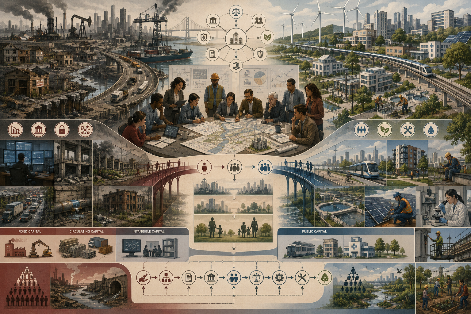 Editorial systems illustration showing capital accumulation through infrastructure, finance, ownership, maintenance, public investment, clean energy, housing, research, and long-term development choices.