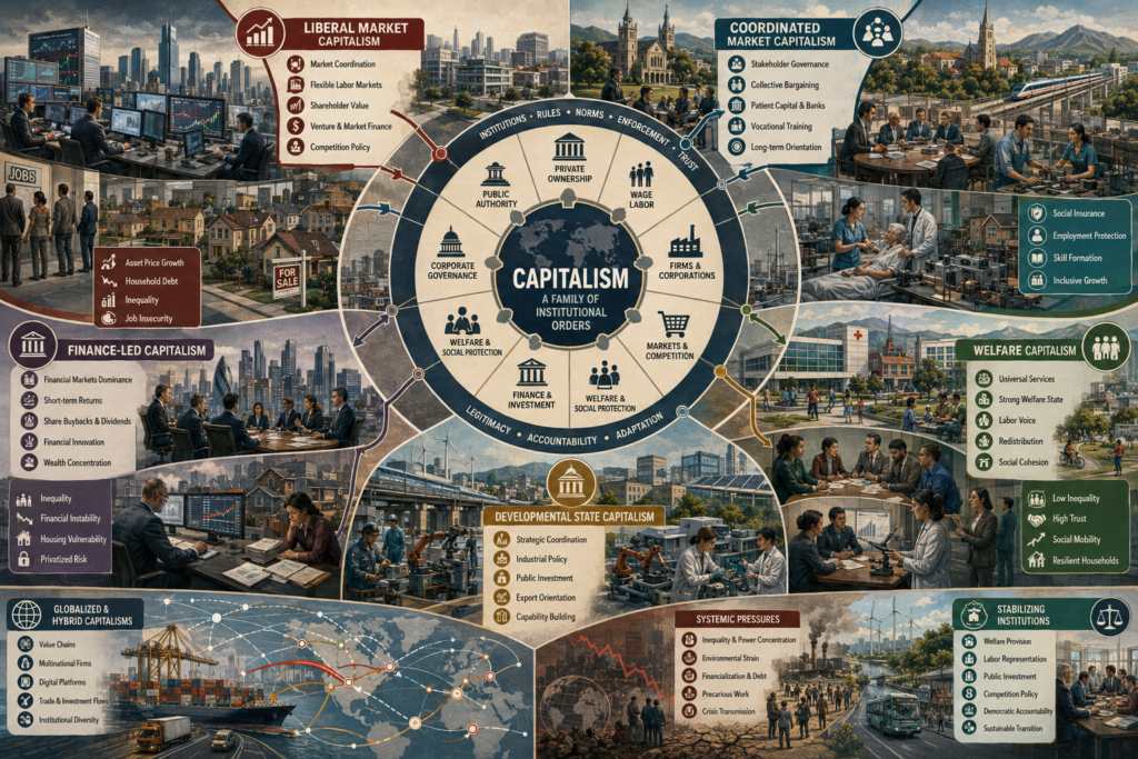 Editorial systems illustration showing capitalism as a family of institutional orders, including liberal market capitalism, coordinated market capitalism, finance-led capitalism, developmental state capitalism, welfare capitalism, and globalized hybrid systems.