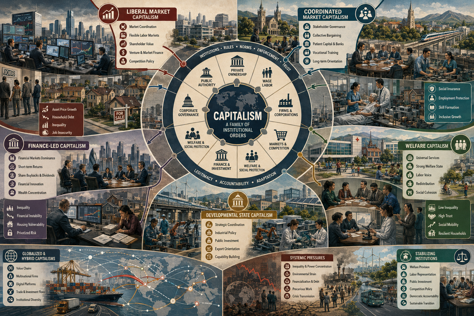 Editorial systems illustration showing capitalism as a family of institutional orders, including liberal market capitalism, coordinated market capitalism, finance-led capitalism, developmental state capitalism, welfare capitalism, and globalized hybrid systems.