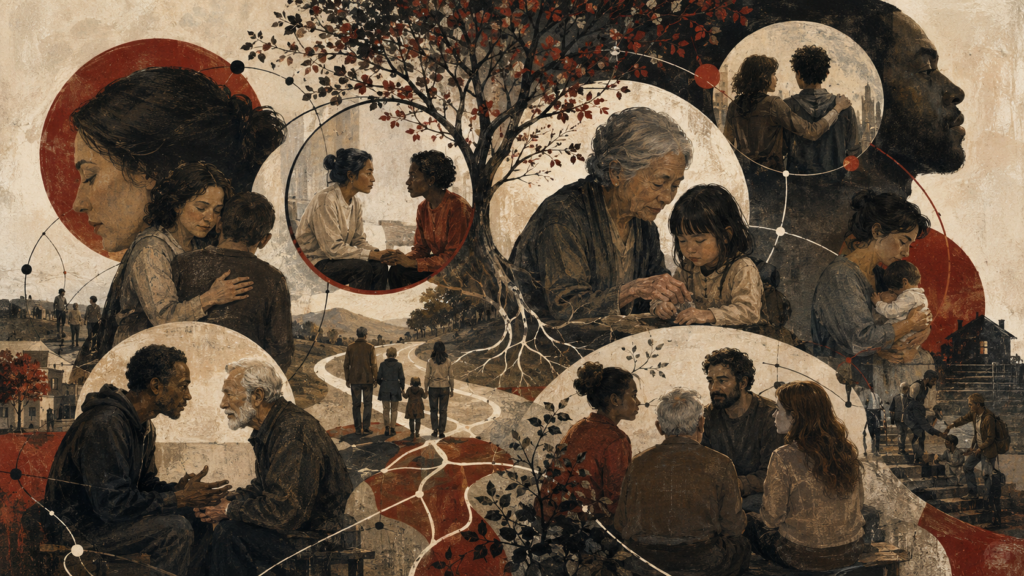 Painterly illustration of care, empathy, and relational moral life, showing family support, intergenerational care, listening, community dialogue, human connection, rooted trees, and shared pathways.