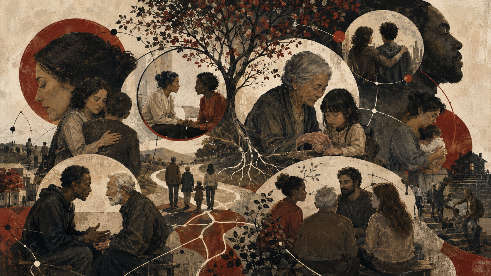 Painterly illustration of care, empathy, and relational moral life, showing family support, intergenerational care, listening, community dialogue, human connection, rooted trees, and shared pathways.