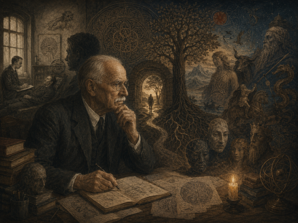 Carl Jung sits at a desk with books, symbolic diagrams, mythic figures, masks, a rooted tree, clinical scenes, and mandala geometry surrounding him.
