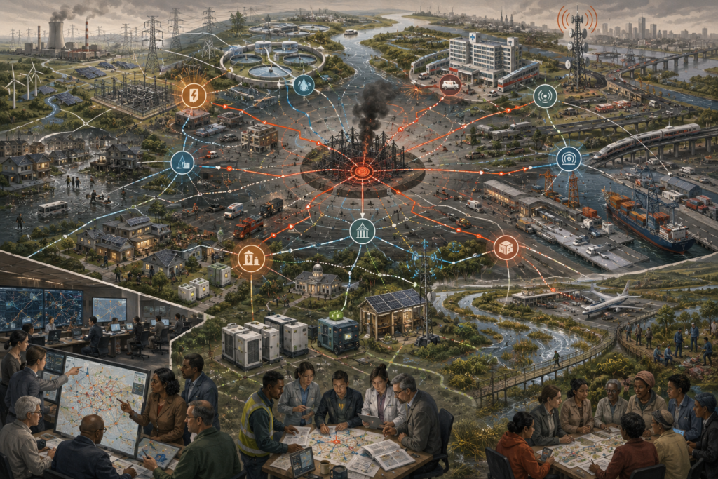 Editorial illustration showing a central infrastructure failure spreading through power, water, hospitals, transport, communications, ports, neighborhoods, and governance systems, with planners and community representatives coordinating resilience.
