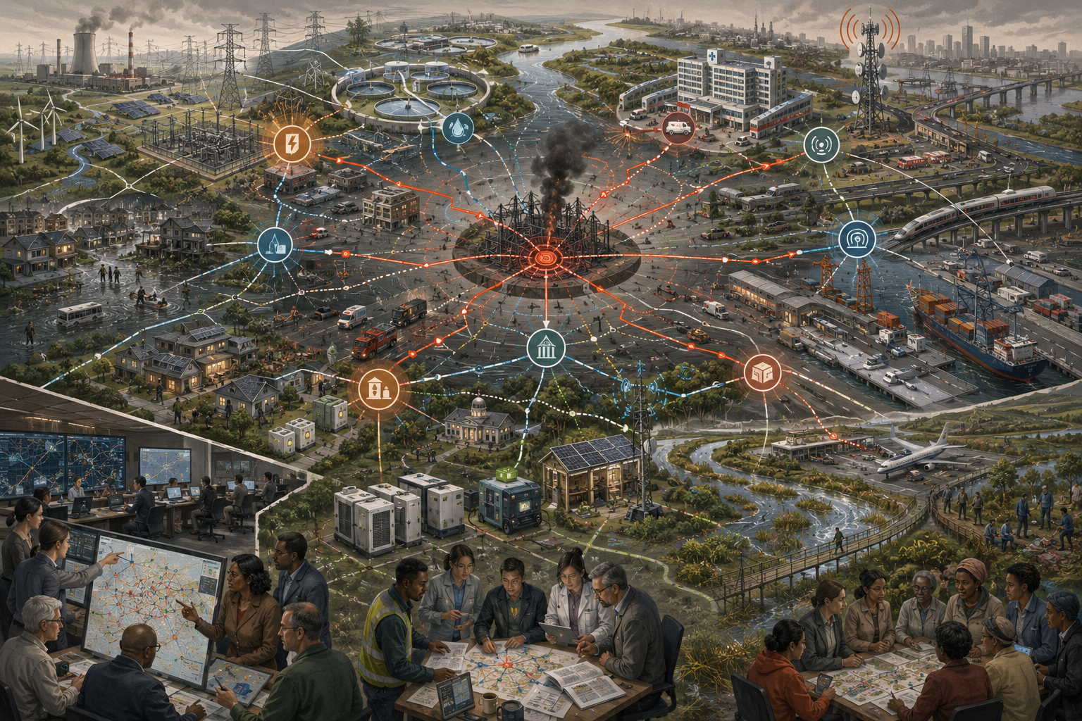 Editorial illustration showing a central infrastructure failure spreading through power, water, hospitals, transport, communications, ports, neighborhoods, and governance systems, with planners and community representatives coordinating resilience.