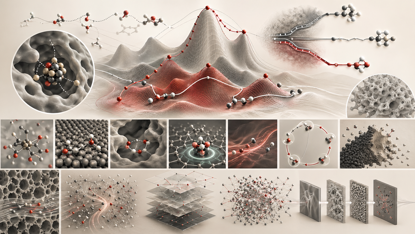 Abstract editorial scientific illustration of catalysis, alternative reaction pathways, lowered activation barriers, catalytic cycles, active sites, surface reactions, enzyme-like cavities, redox catalysis, and computational catalytic workflows in cream, gray, black, and deep red.