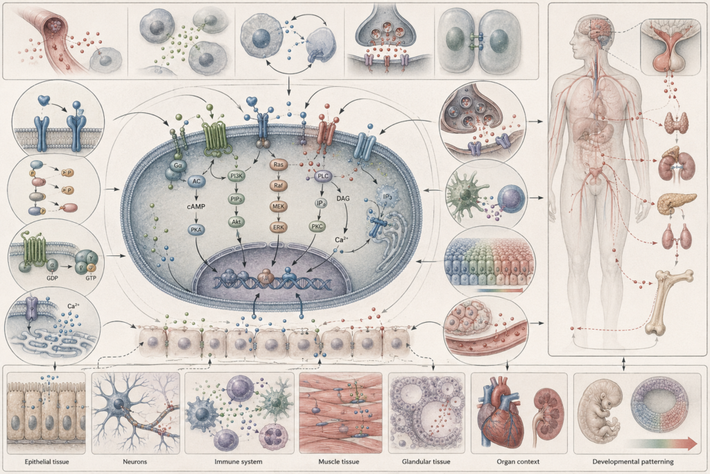 Research-grade cell biology illustration showing membrane receptors, signaling molecules, intracellular pathways, neurons, immune cells, epithelial tissue, muscle tissue, glandular tissue, organs, development, and whole-body biological coordination.