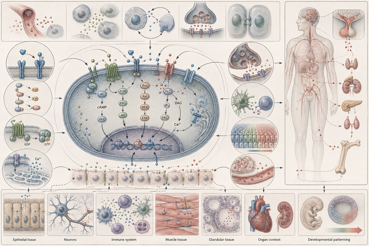 Research-grade cell biology illustration showing membrane receptors, signaling molecules, intracellular pathways, neurons, immune cells, epithelial tissue, muscle tissue, glandular tissue, organs, development, and whole-body biological coordination.