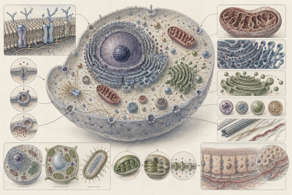 Research-grade cell biology illustration showing a eukaryotic cell with plasma membrane, nucleus, mitochondria, endoplasmic reticulum, Golgi apparatus, vesicles, lysosomes, cytoskeleton, membrane transport, plant cells, bacterial cells, and tissue context.