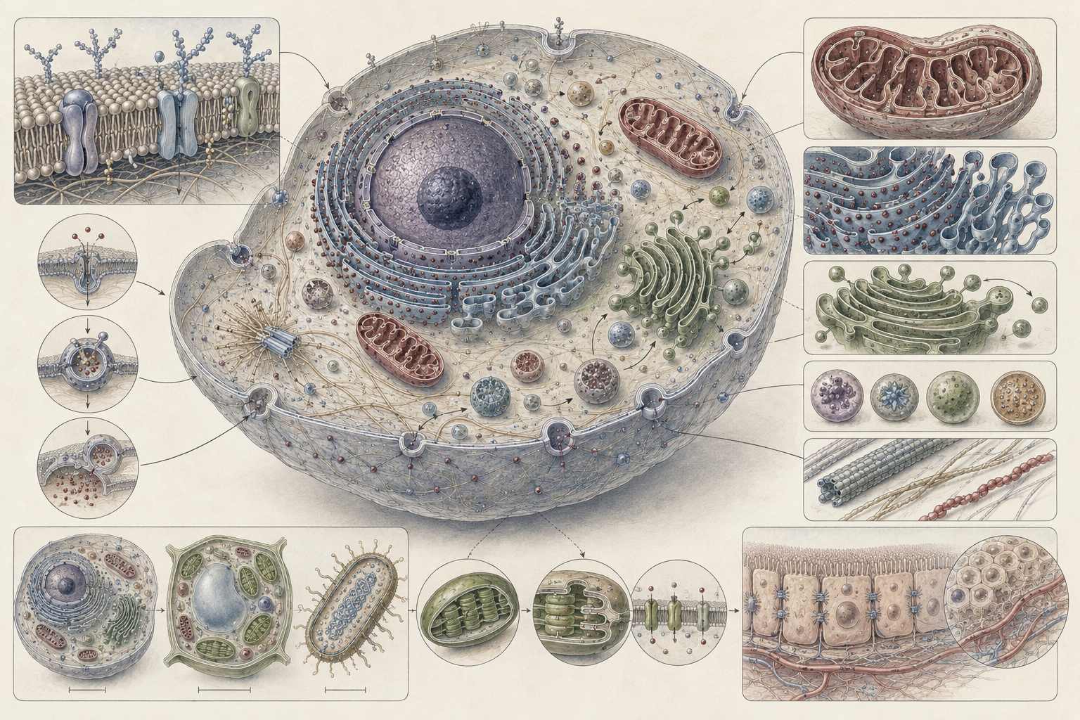 Research-grade cell biology illustration showing a eukaryotic cell with plasma membrane, nucleus, mitochondria, endoplasmic reticulum, Golgi apparatus, vesicles, lysosomes, cytoskeleton, membrane transport, plant cells, bacterial cells, and tissue context.