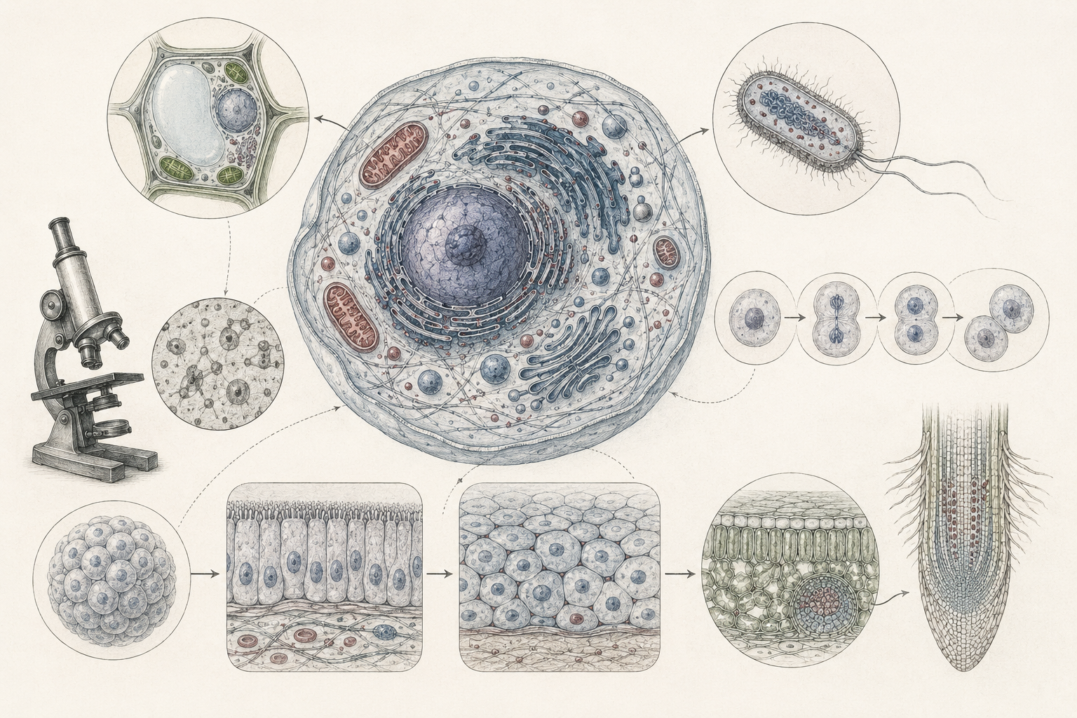 Research-grade cell biology illustration showing a eukaryotic cell, plant cell, bacterial cell, cell division, microscope, tissues, root tip, membranes, organelles, and multicellular organization.