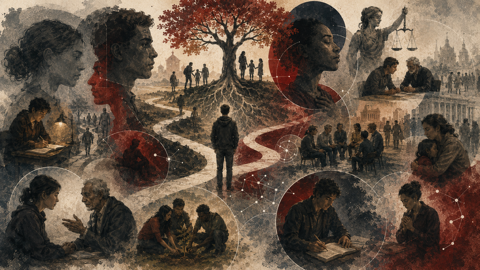 Painterly illustration of character, virtue, and moral selfhood, showing human profiles, branching paths, symbolic trees, justice scales, mentorship, reflection, care, and community life.