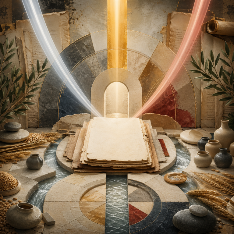 Non-figurative editorial illustration of blank manuscripts, grain, water channels, olive branches, vessels, luminous pathways, and sacred geometry representing charity, almsgiving, and the moral economy of Abrahamic faith.