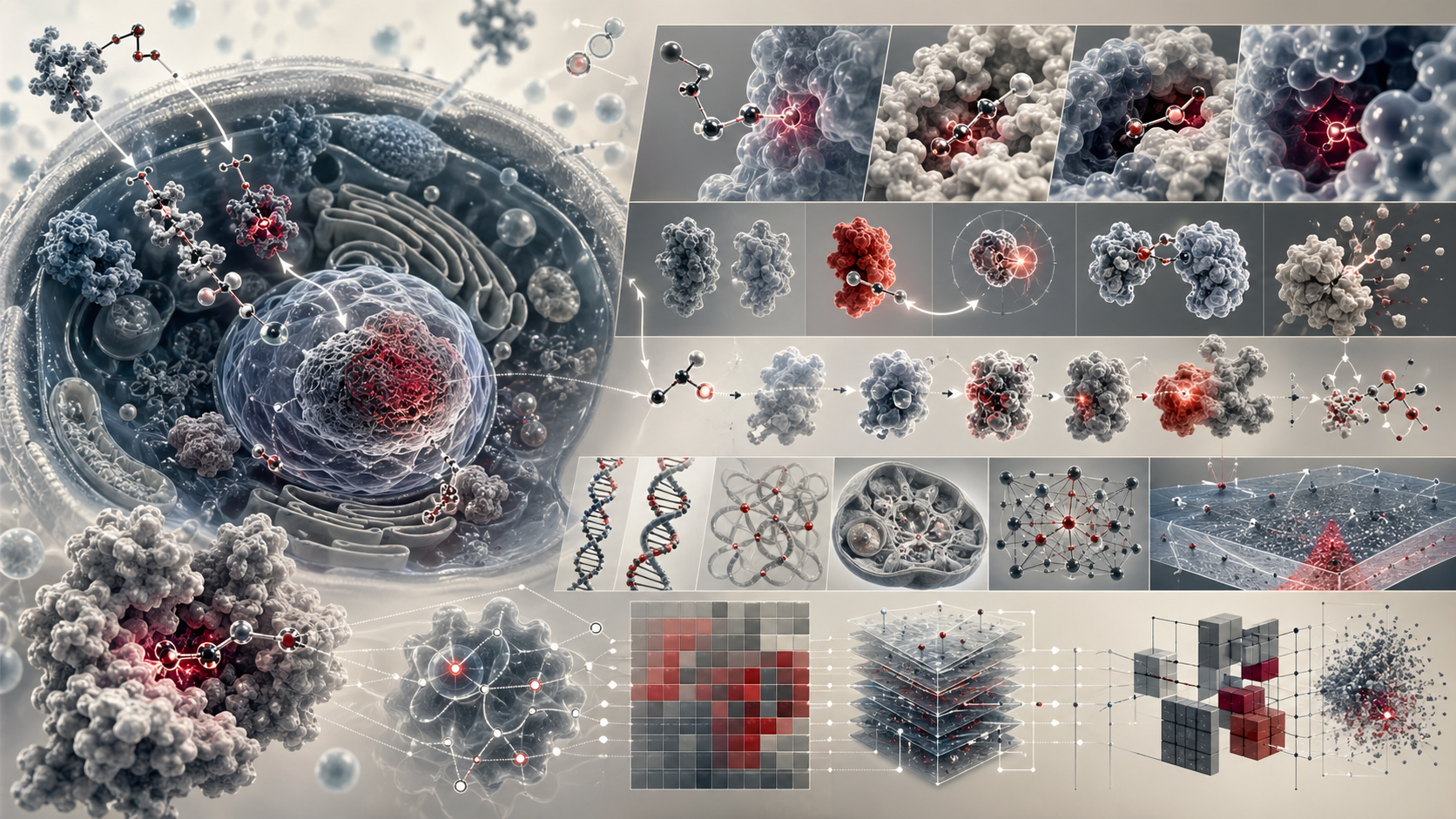 Abstract editorial scientific illustration of chemical biology, molecular probes entering cellular compartments, target-engagement pockets, ligand-binding sites, bioorthogonal labeling motifs, activity-based probe pathways, chemoproteomic grids, perturbation networks, induced-proximity forms, and computational chemical-biology workflows in cream, gray, black, aqueous blue-gray, and deep red.