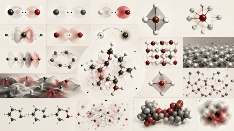 Abstract editorial scientific illustration of chemical bonding, molecular geometry, orbital overlap, electron sharing, bond polarity, and structured molecular forms in cream, gray, black, and deep red.