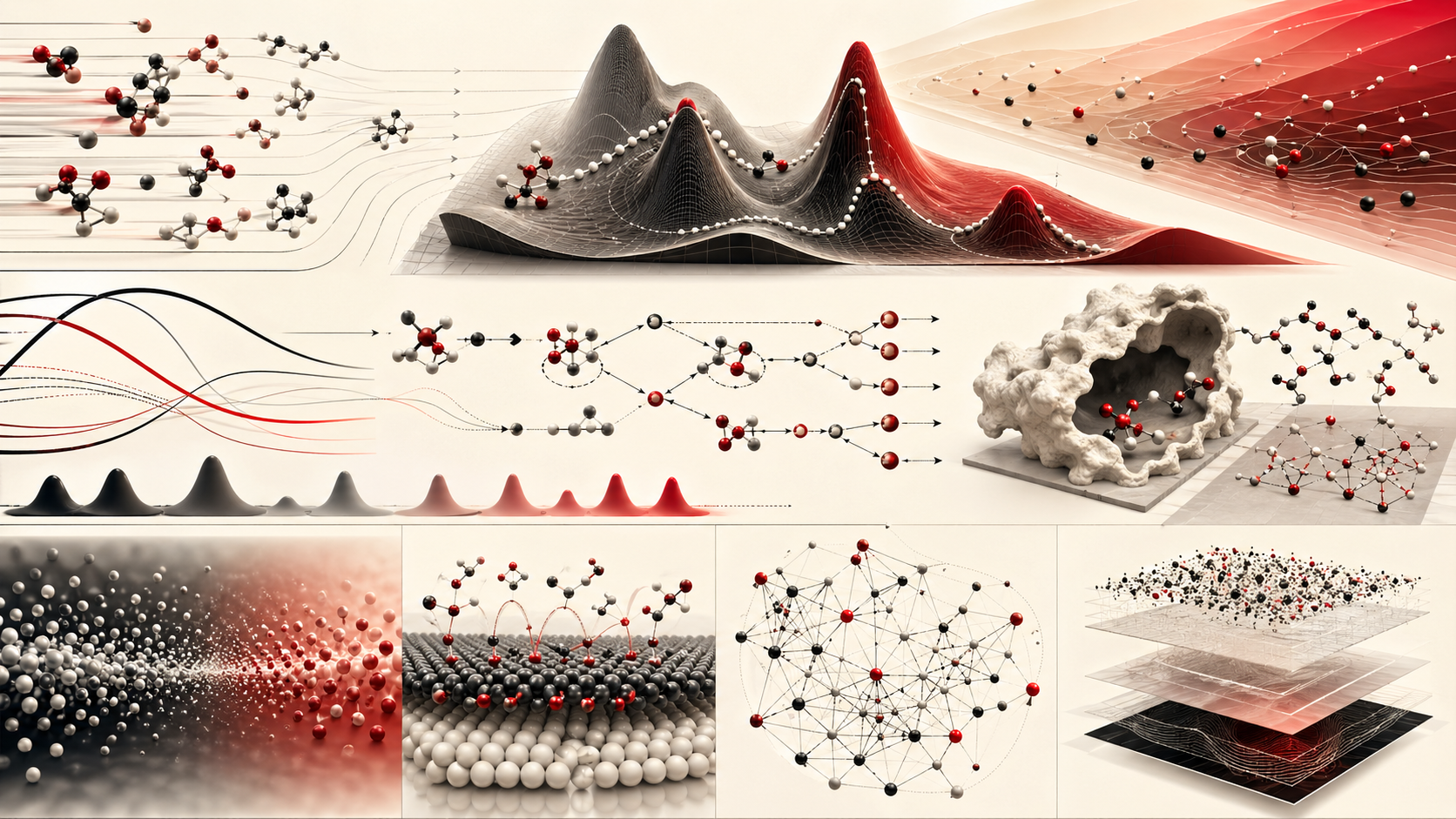 Abstract editorial scientific illustration of chemical kinetics, reaction pathways, activation barriers, molecular mechanisms, rate laws, intermediates, catalysts, and kinetic workflows in cream, gray, black, and deep red.