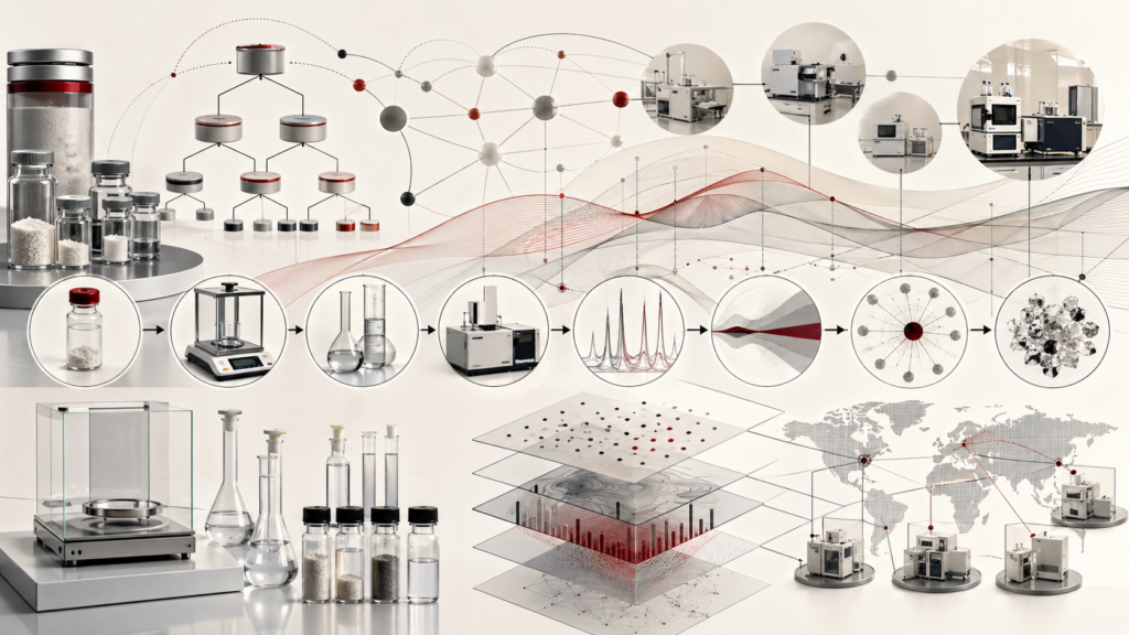 Abstract scientific illustration of chemical metrology showing certified reference-material vials, sealed standards, calibration hierarchy pathways, traceability-chain networks, precision balances, volumetric glassware, analytical instruments, spectroscopy-like signals, uncertainty layers, interlaboratory comparison nodes, provenance pathways, laboratory records, and global measurement infrastructure without text or labels.