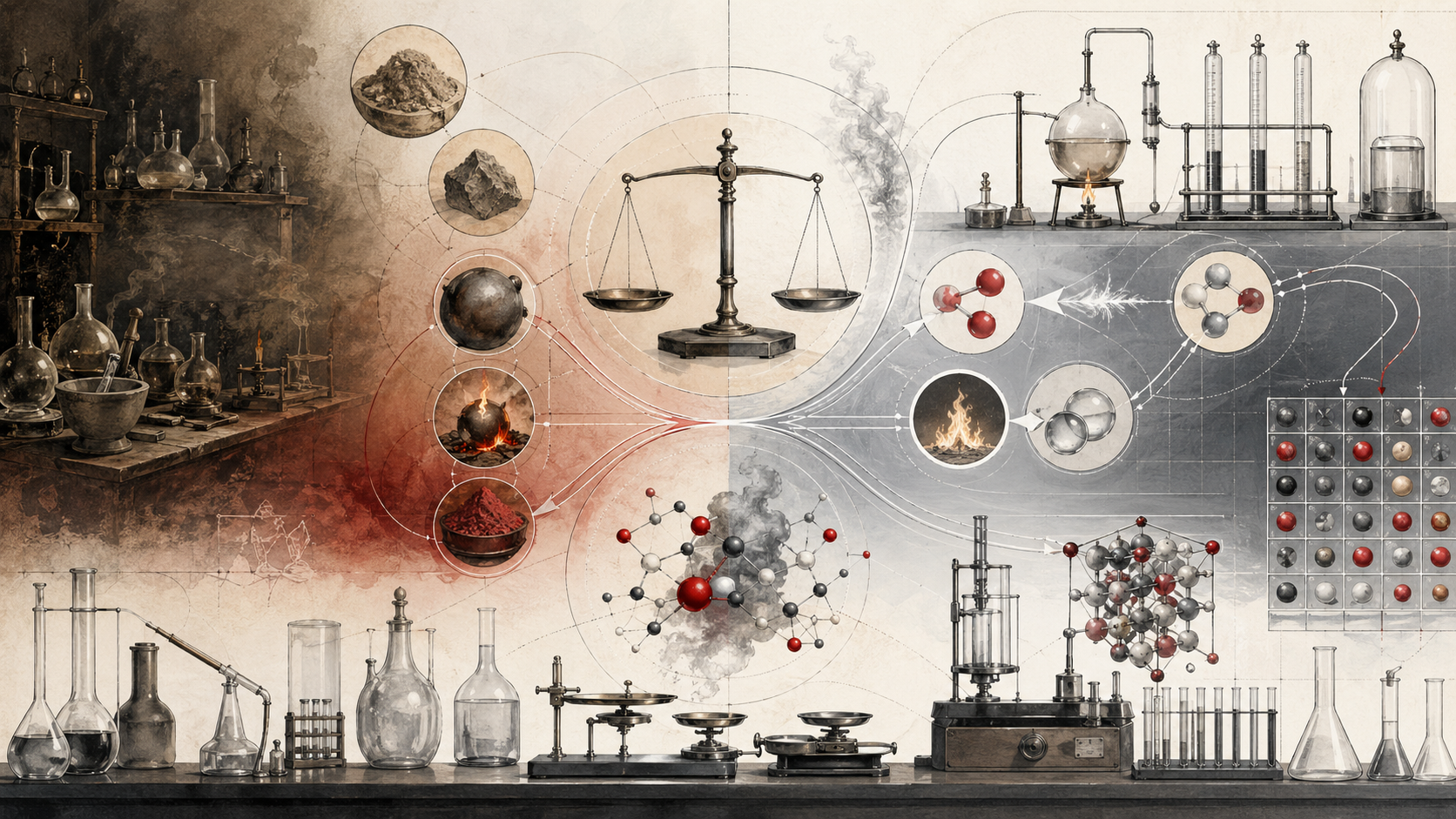 Abstract scientific illustration of the Chemical Revolution showing eighteenth-century laboratory glassware, precision balances, sealed reaction vessels, gas collection apparatus, combustion, oxygen-flow pathways, metal calcination, oxide formation, molecular structures, classification grids, and the rise of quantitative chemistry without text or labels.
