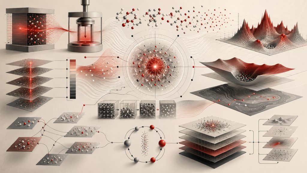 Abstract editorial scientific illustration of chemical thermodynamics, molecular energy flow, heat exchange, entropy dispersal, free-energy landscapes, phase transitions, and thermodynamic workflows in cream, gray, black, and deep red.