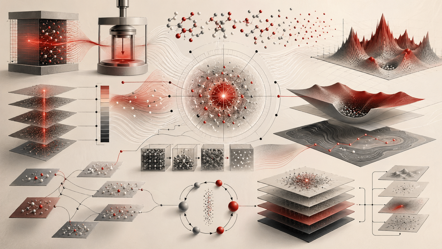 Abstract editorial scientific illustration of chemical thermodynamics, molecular energy flow, heat exchange, entropy dispersal, free-energy landscapes, phase transitions, and thermodynamic workflows in cream, gray, black, and deep red.
