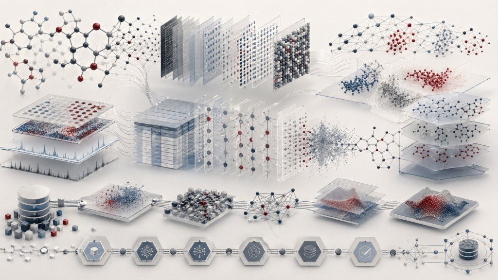 Abstract editorial scientific illustration showing molecular graph networks, layered descriptor matrices, fingerprint-like data structures, chemical-space clusters, assay-data surfaces, and model-validation workflows in a refined cream, gray, blue-gray, black, and deep red palette.