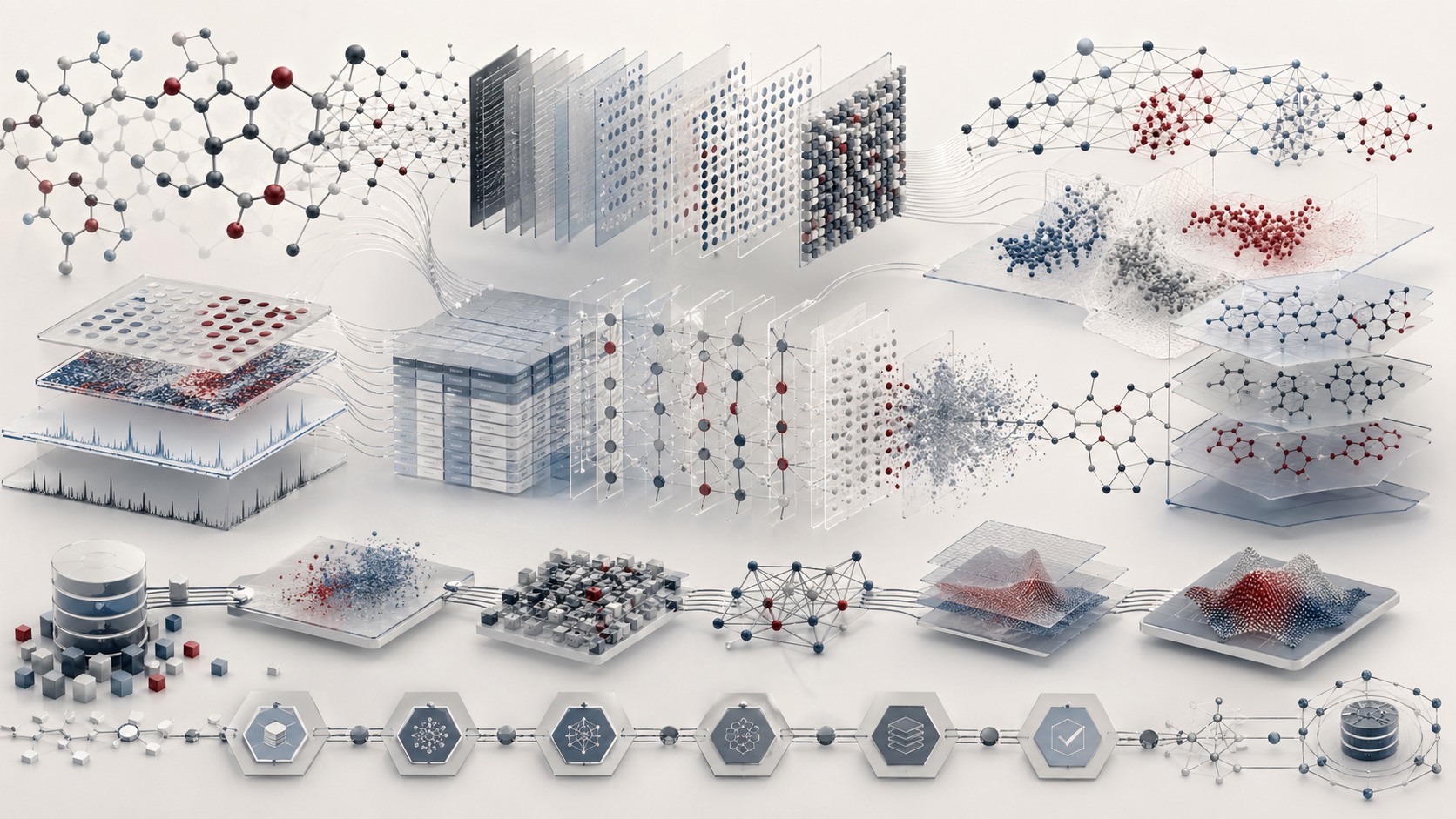 Abstract editorial scientific illustration showing molecular graph networks, layered descriptor matrices, fingerprint-like data structures, chemical-space clusters, assay-data surfaces, and model-validation workflows in a refined cream, gray, blue-gray, black, and deep red palette.