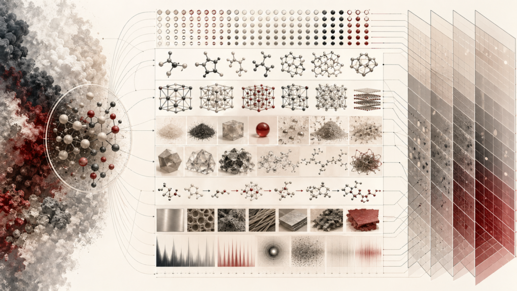 Editorial scientific illustration of chemical classification showing abstract matter, molecular structures, ionic lattices, phase layers, crystalline and amorphous materials, reaction pathways, analytical signatures, classification grids, and scientific models in cream, black, white, muted gray, and deep red.