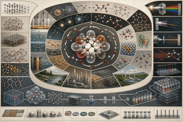 Editorial scientific illustration showing chemistry across scales, with atoms, molecules, electron-cloud forms, reaction pathways, crystalline materials, analytical instruments, environmental layers, industrial systems, and computational data workflows.