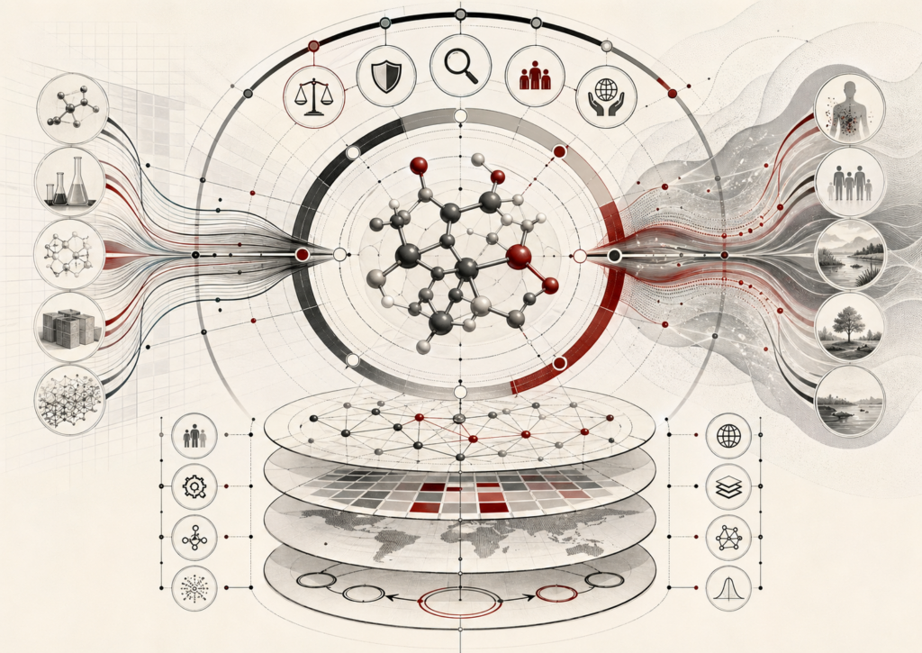 Editorial scientific illustration of chemistry ethics and molecular governance showing a central molecular structure, risk boundaries, decision layers, public-health pathways, environmental flows, transparency grids, stewardship systems, and governance structures in cream, black, white, muted gray, and deep red.