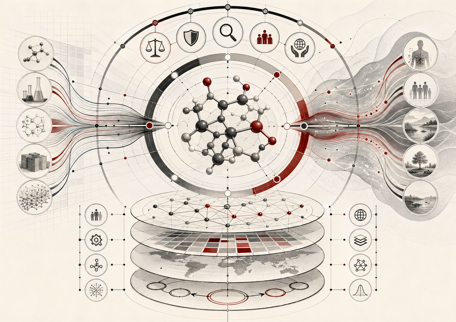 Editorial scientific illustration of chemistry ethics and molecular governance showing a central molecular structure, risk boundaries, decision layers, public-health pathways, environmental flows, transparency grids, stewardship systems, and governance structures in cream, black, white, muted gray, and deep red.