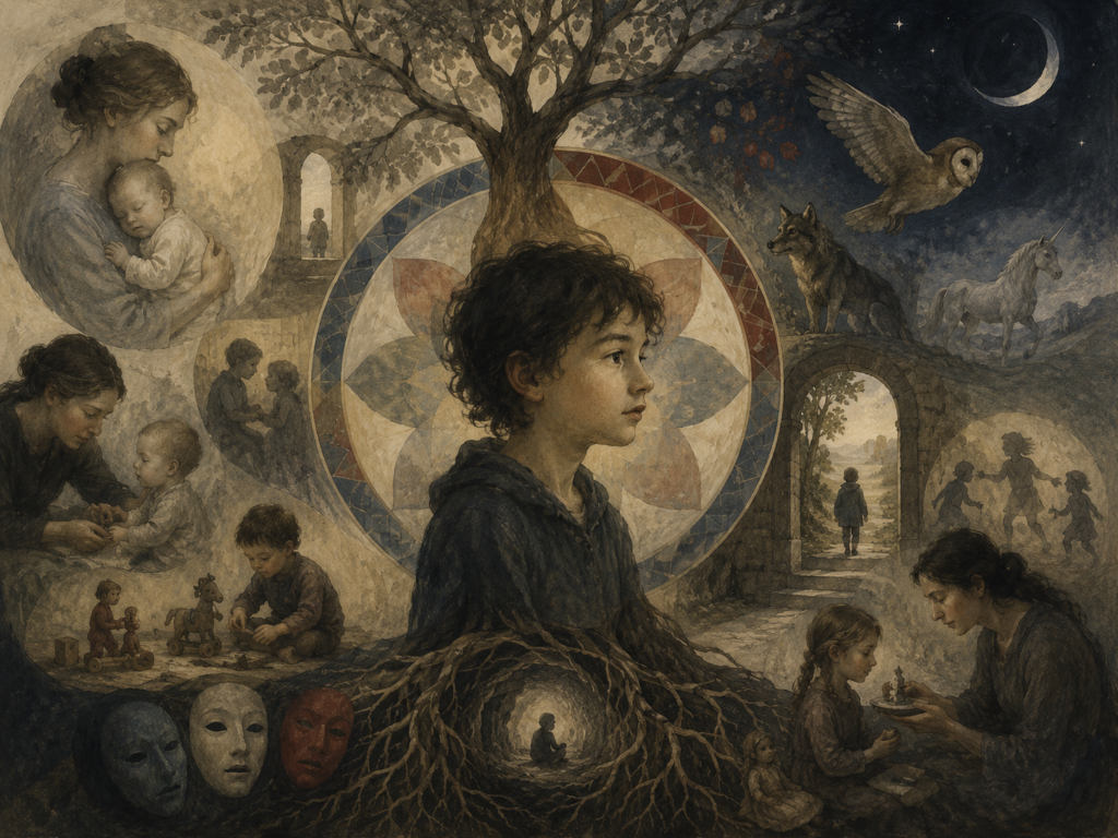 A child stands before a symbolic tree surrounded by scenes of caregiving, play, attachment, archetypal animals, masks, moonlight, and developmental pathways.
