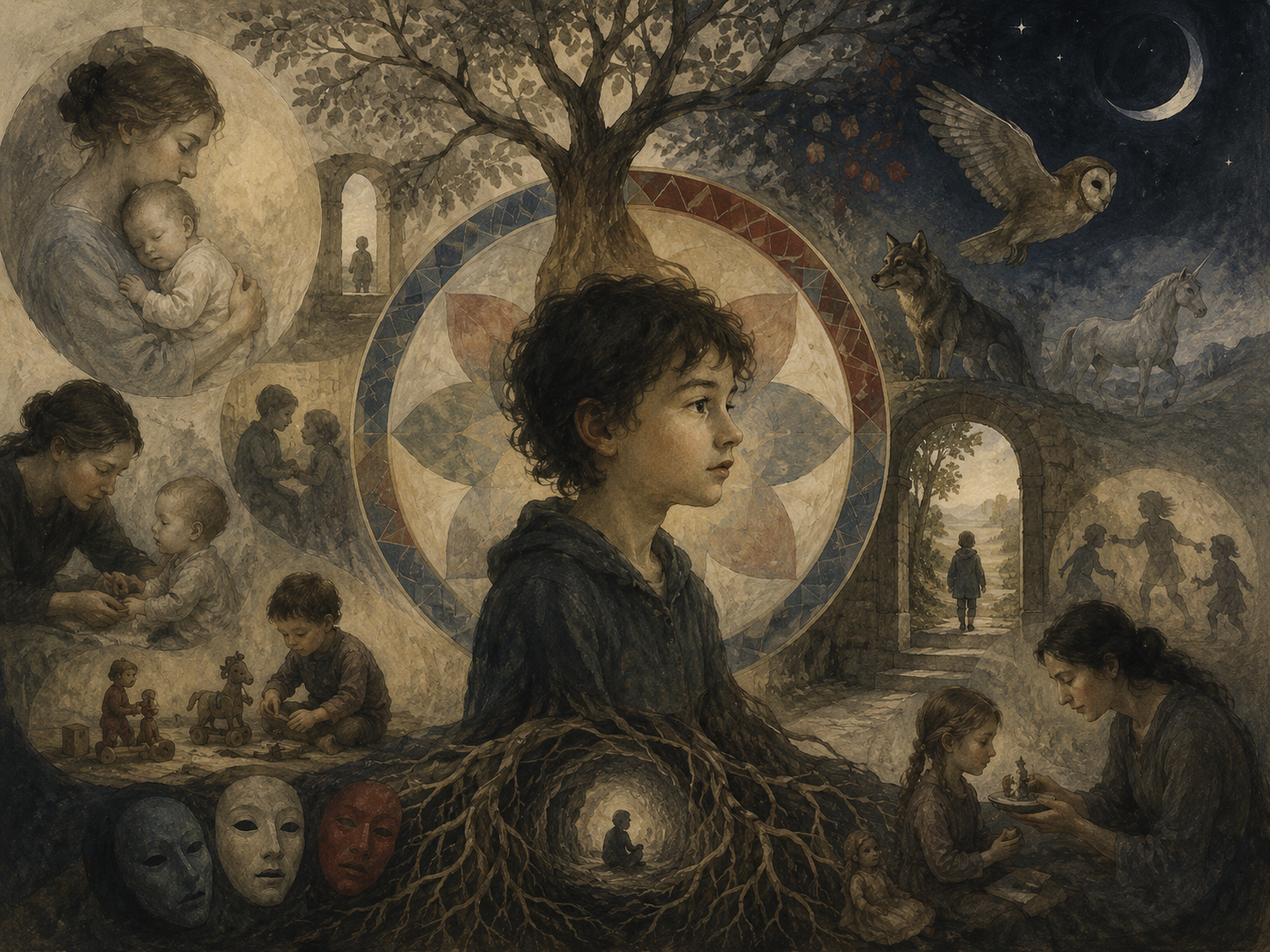 A child stands before a symbolic tree surrounded by scenes of caregiving, play, attachment, archetypal animals, masks, moonlight, and developmental pathways.