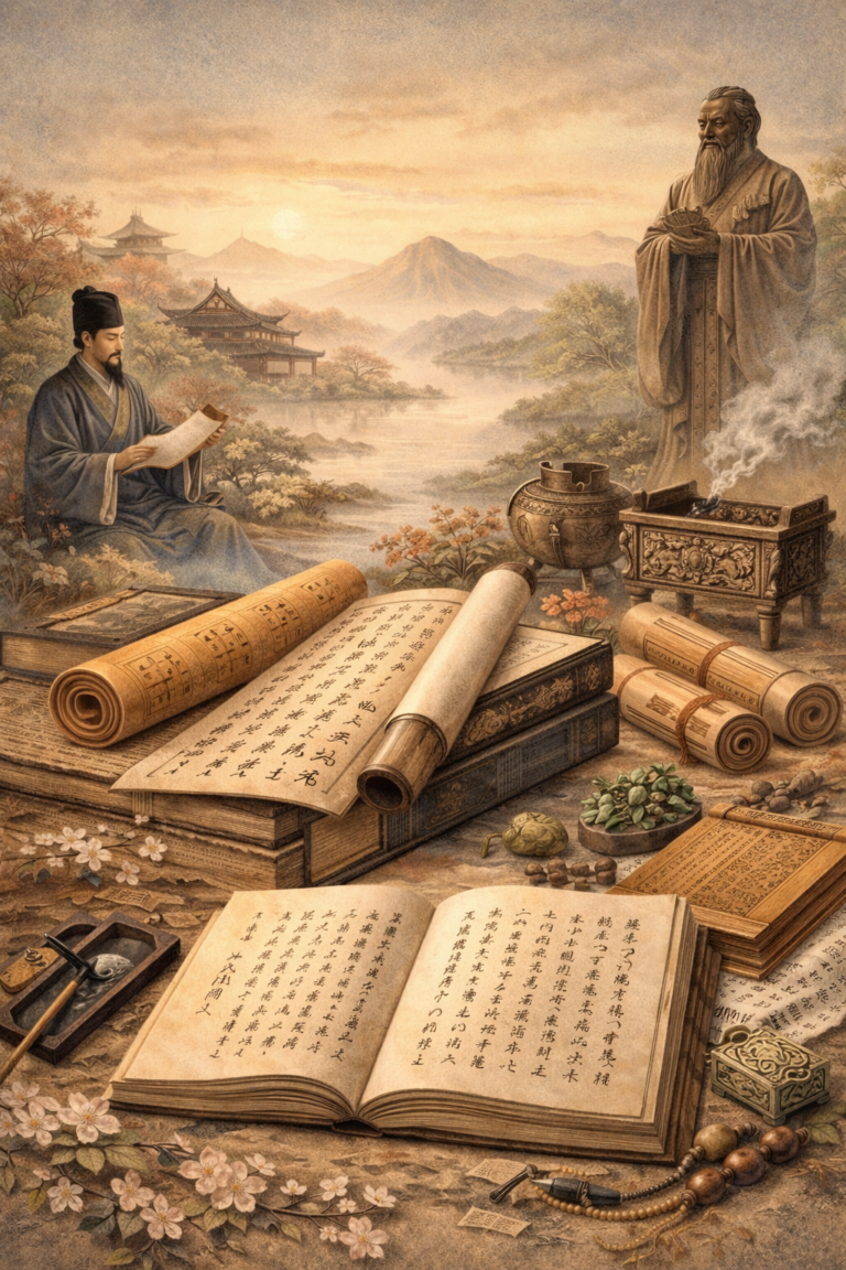 Editorial illustration of Chinese literature and classical memory featuring manuscripts, brush calligraphy, scholar’s objects, scrolls, landscape distance, and symbols of literati culture