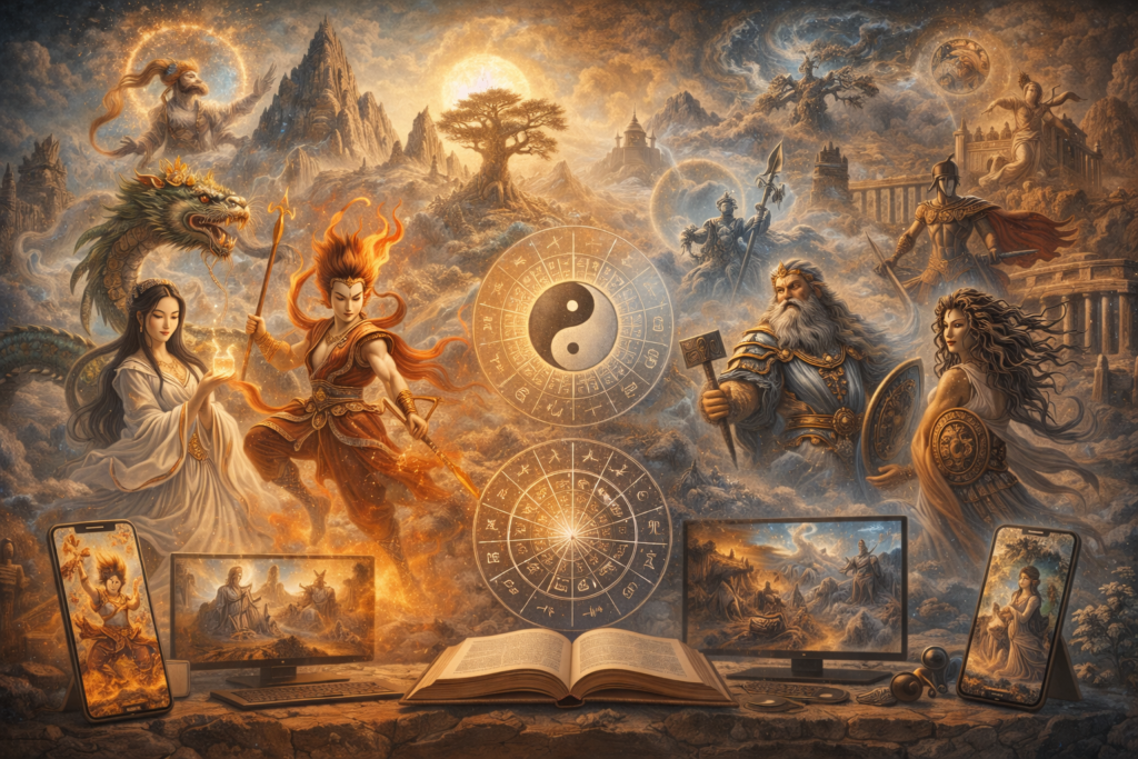 Comparative mythology scene juxtaposing Chinese mythic figures, sacred landscapes, and cosmological symbols with figures and motifs from other world myth traditions.