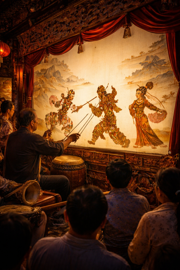 Traditional Chinese shadow puppetry performance with illuminated screen, carved puppet figures, musicians, and an audience watching legendary characters brought to life in silhouette.
