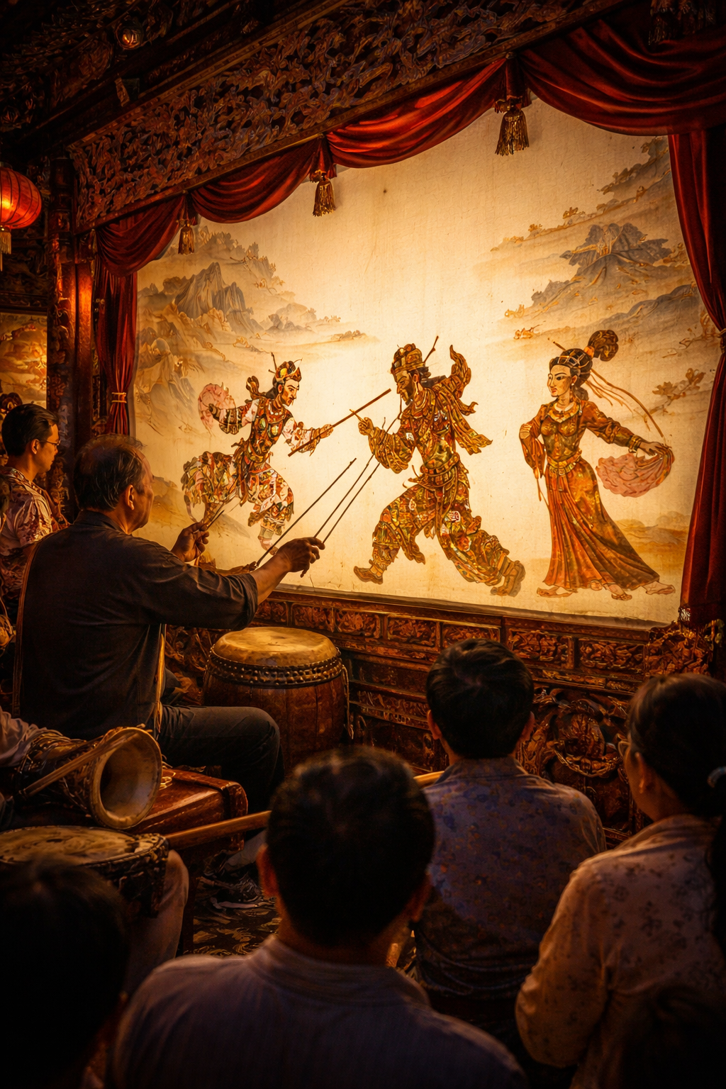 Traditional Chinese shadow puppetry performance with illuminated screen, carved puppet figures, musicians, and an audience watching legendary characters brought to life in silhouette.