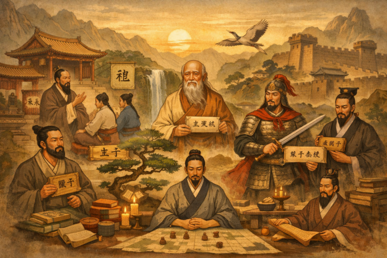 Illustration of Chinese thought showing ritual order, harmony, self-cultivation, governance, and classical philosophical reflection in Chinese civilization.
