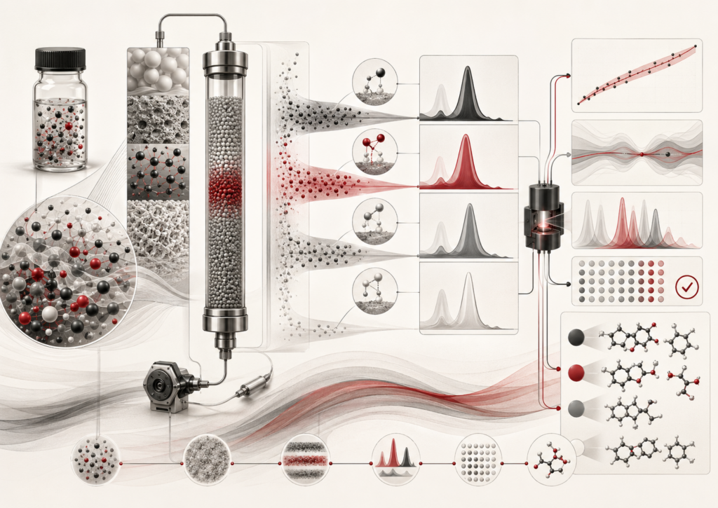 Abstract editorial scientific illustration showing chromatography as a separation workflow moving from complex chemical mixtures through a column, separated bands, detector response, peak patterns, calibration, quality control, and molecular identification.