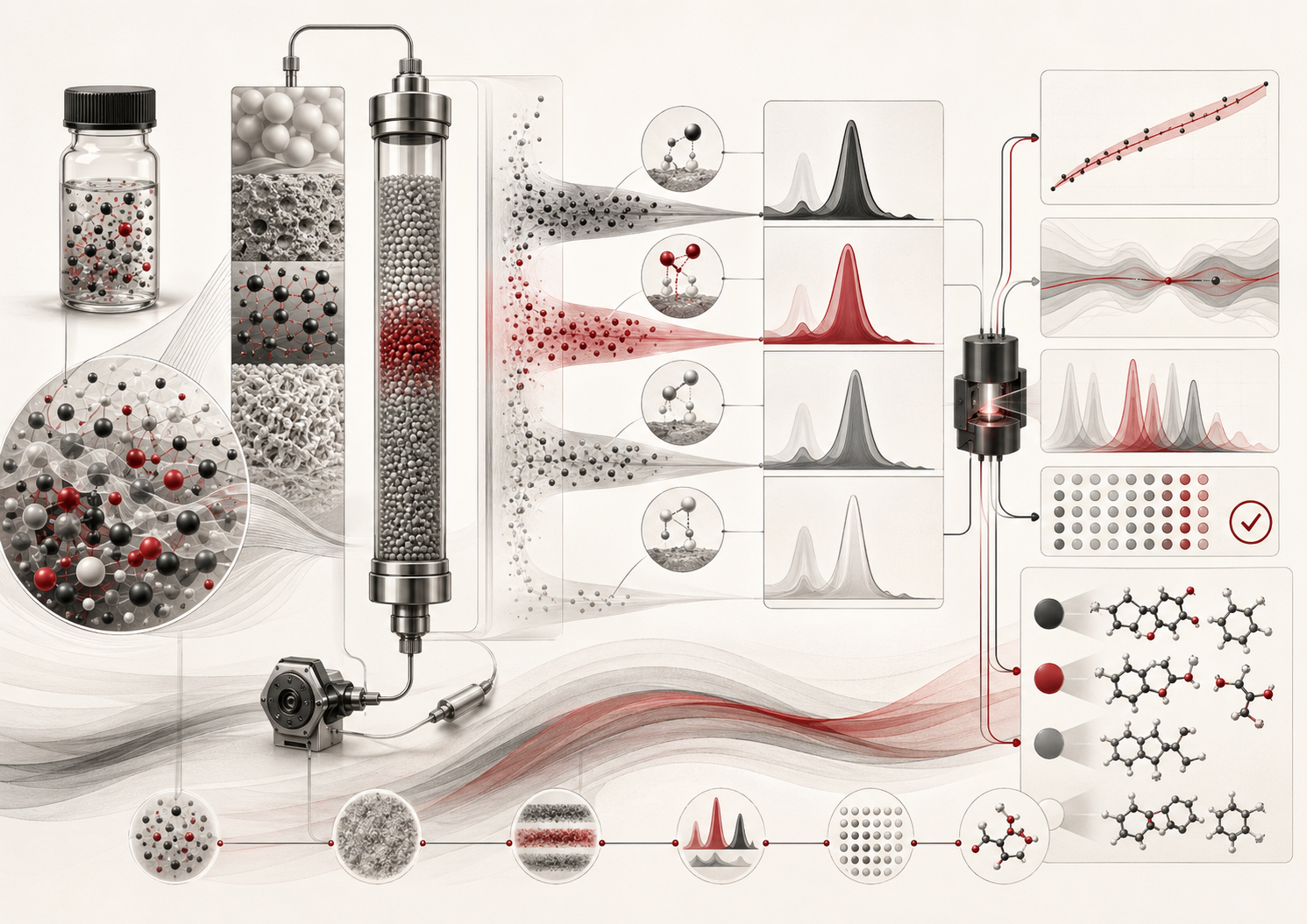 Abstract editorial scientific illustration showing chromatography as a separation workflow moving from complex chemical mixtures through a column, separated bands, detector response, peak patterns, calibration, quality control, and molecular identification.