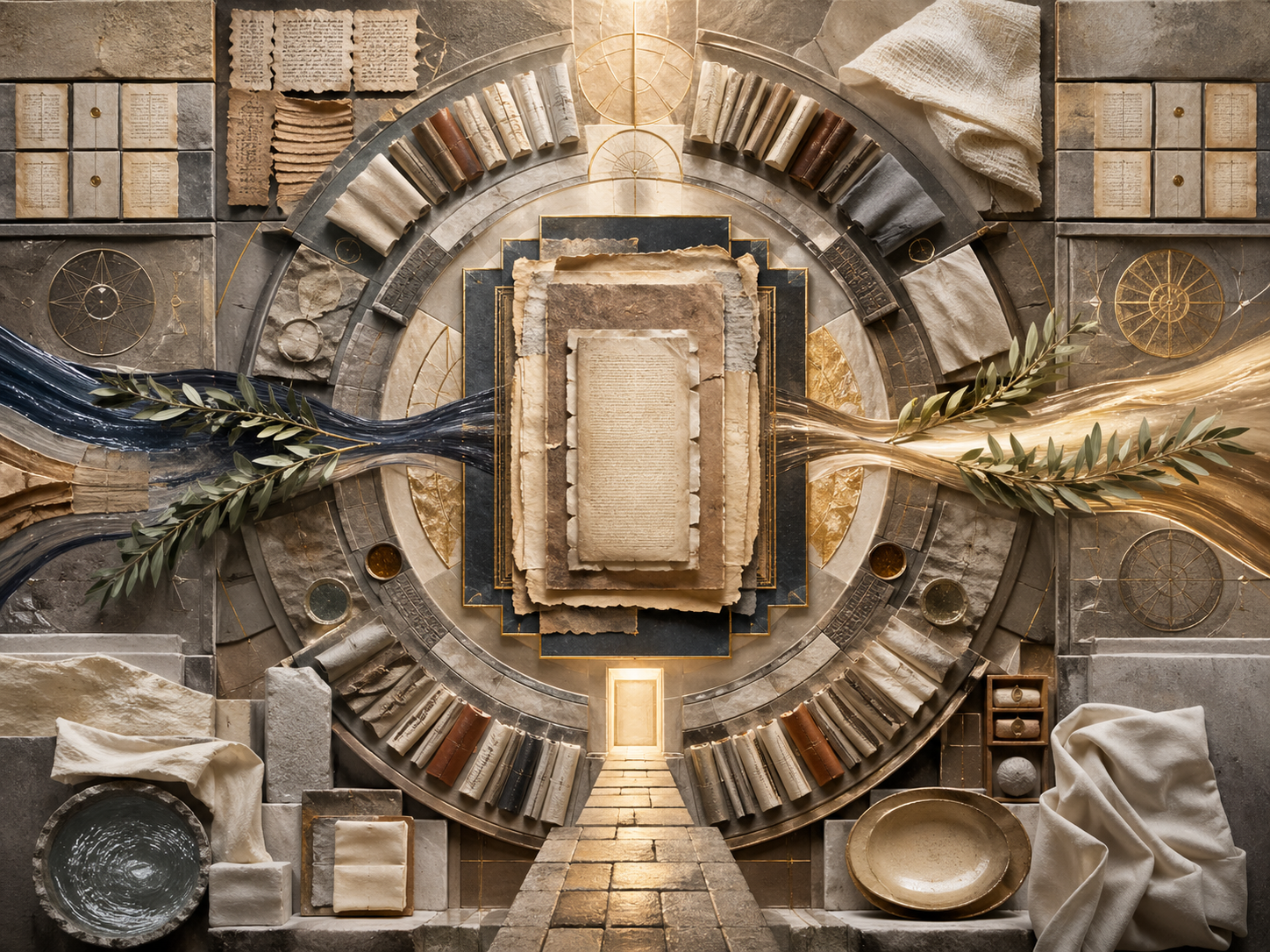 Non-figurative editorial illustration of layered parchment, codex pages, circular council-like geometry, manuscript fragments, luminous thresholds, stone structures, and archival textures representing church, creed, councils, apostolic succession, scripture, tradition, and sacred authority.