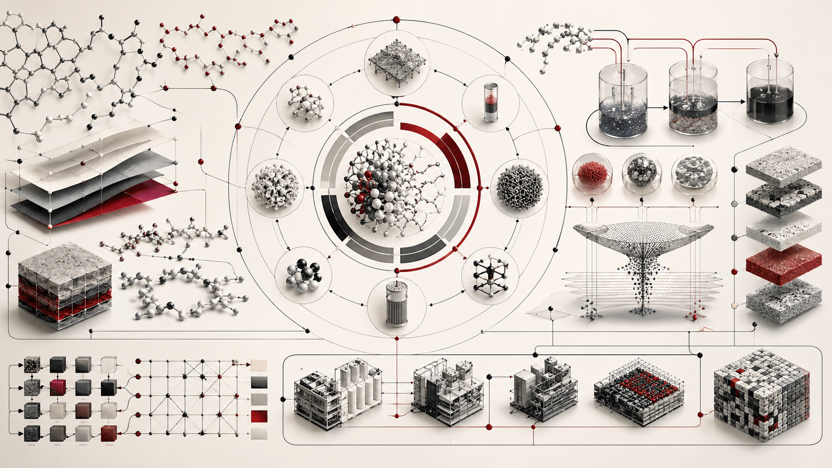 Editorial scientific illustration of circular chemistry showing molecular materials, polymer-like structures, recovery pathways, depolymerization arcs, solvent-recovery systems, catalyst-reuse nodes, material-quality layers, traceability grids, contamination filters, and accountable material futures in cream, black, white, muted gray, and deep red.