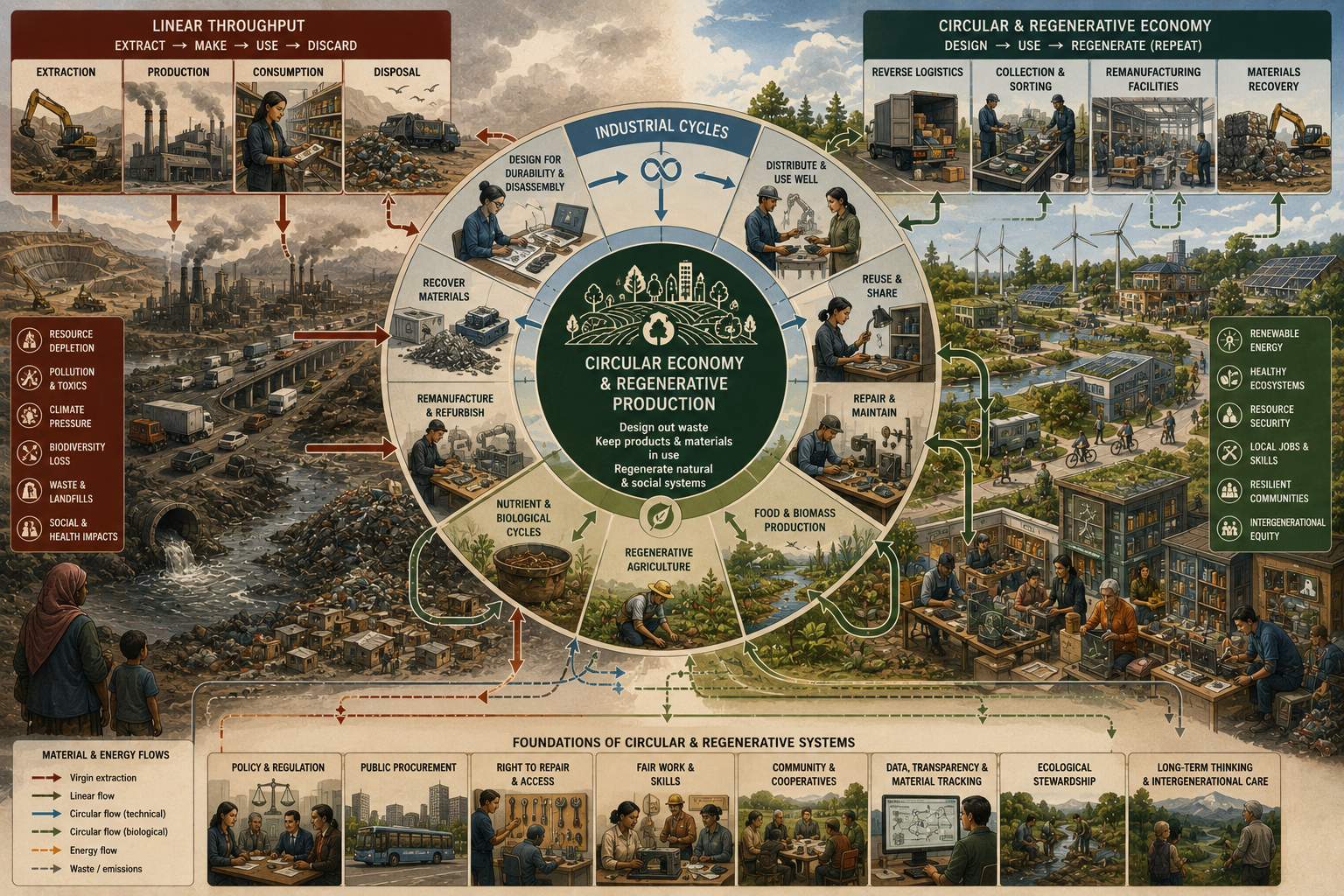 Editorial systems illustration showing circular economy and regenerative production through material loops, repair, reuse, remanufacturing, reverse logistics, regenerative agriculture, ecological restoration, and waste reduction.
