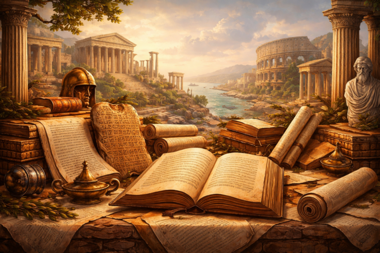 Editorial illustration of classical literature as civilizational memory, featuring ancient tablets, scrolls, books, and Greco-Roman architecture arranged across a luminous Mediterranean landscape