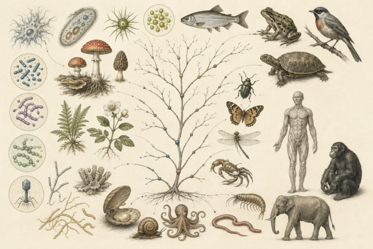 Research-grade taxonomy illustration showing a branching tree of life with microbes, protists, fungi, plants, invertebrates, fish, amphibians, reptiles, birds, mammals, humans, and subtle classification pathways.